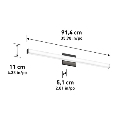 The Mylo LED Vanity Light 36IN is a rectangular, wall-mounted fixture measuring 91.4 cm (35.98 in) wide, 11 cm (4.33 in) tall, and 5.1 cm (2.01 in) deep, installed horizontally with a black mounting base.