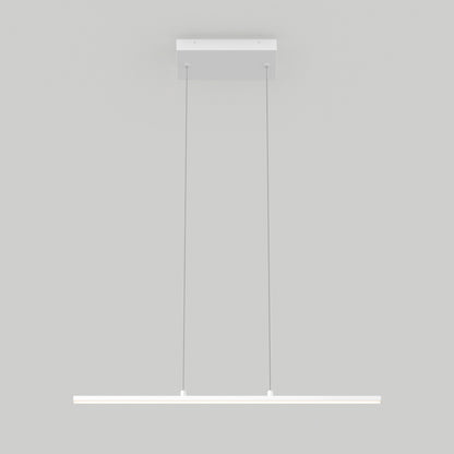 The Delta LED Linear Pendant 36IN, a minimalist white fixture, is suspended from the ceiling by two thin wires and set against a plain light gray background.