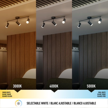 The 32" Blake 3L tracklight is shown in a room with three panels, each demonstrating task lighting options: warm white (3000K), neutral white (4000K), and cool white (5000K). Text labels and a selector bar are below each panel.