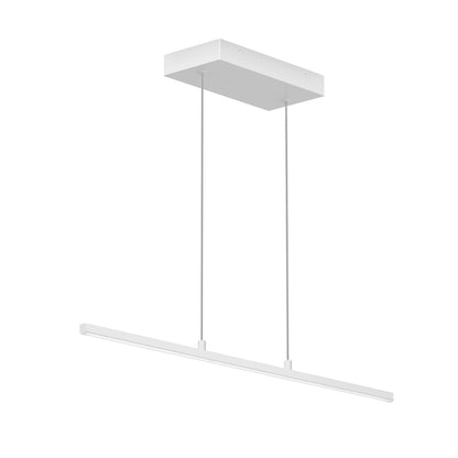 The Delta LED Linear Pendant 36IN features a minimalist white design with a rectangular ceiling mount and two slim suspension wires holding a sleek, horizontal light bar.