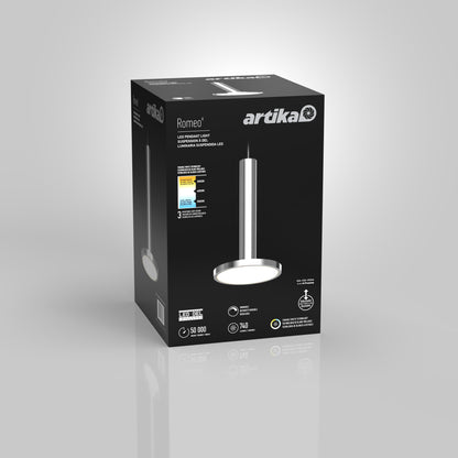 A black product box for the Romeo 1-Light LED Pendant displays an image of the modern circular fixture, specs, energy rating, and branding on a gray reflective surface.
