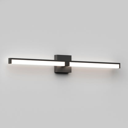 The Tivoli 36'' LED Vanity Light features a modern, rectangular design with a sleek black frame and white illuminated bar, mounted on a square base against a plain light gray wall.