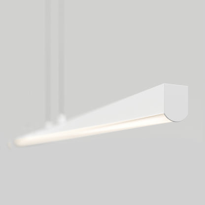 The Delta LED Linear Pendant 36IN is a minimalist white ceiling light with a sleek, modern design, soft rounded edges, and emits an even downward glow against a light grey background.