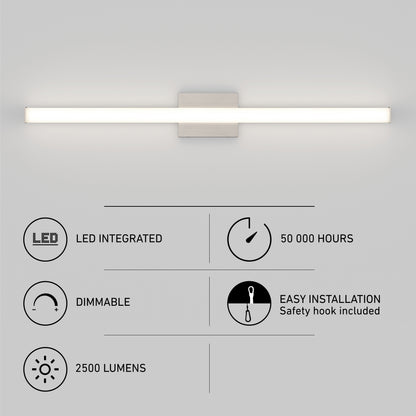 The Mylo LED Vanity Light 36IN is a modern horizontal fixture with integrated LEDs, 50,000-hour lifespan, dimmable function, easy installation via safety hook, and delivers 2,500 lumens of brightness.