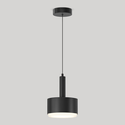 The Fritz Mini LED Pendant features a modern black cylindrical shade with dimmable LED, suspended by a thin cord from a round ceiling mount and shown illuminated against a plain light gray background.