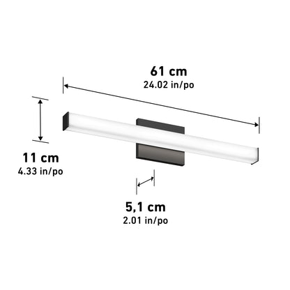 The Mylo LED Vanity Light 24IN is a modern wall-mounted fixture with a rectangular base and long horizontal light bar, measuring 61 cm (24.02 in) wide, 11 cm (4.33 in) high, and 5.1 cm (2.01 in) deep.
