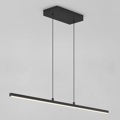 The Delta LED Linear Pendant 36IN is a modern, minimalist black fixture with a rectangular ceiling mount and two suspension cables supporting a slim horizontal light bar, shown against a plain white background.