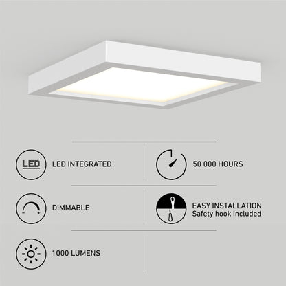 Skylight Pro Square 7in 3K LED Flush Mount on white background with icons and text: LED integrated, 50,000-hour lifespan, dimmable, 1000 lumens, plus easy installation with included safety hook.