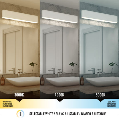 The Willow LED Vanity 3CCT Light is shown above a mirror, letting you select warm (3000K), neutral (4000K), or cool white (5000K) lighting for the perfect bathroom ambiance.