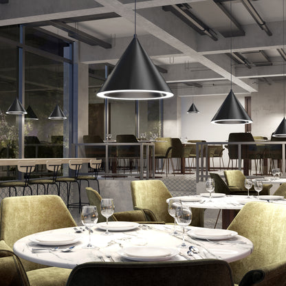 A modern restaurant interior with marble tables, olive green chairs, floor-to-ceiling windows, and stylish Denali LED Pendant 3CCT lights creates a sophisticated atmosphere.