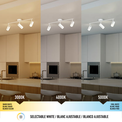 Split image displays a modern kitchen under three lighting temperatures, illuminated by the 32" Blake 3L tracklight. The fixture’s LED design highlights how each light color transforms the room's appearance for optimal task lighting.