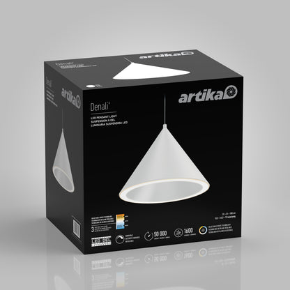 A black box displays the Denali LED Pendant 3CCT by Artika, featuring a white conical light, LED technology with 1600 lumens, a 50,000-hour lifespan, and dimmer compatibility.