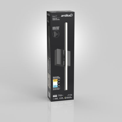 A black rectangular box of the Delta LED Indoor/Outdoor Wall Light 21'' stands upright on a gray background, displaying the product image, features, and brand logo on its front and side panels.