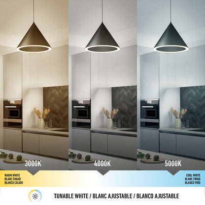 A modern kitchen is illuminated by the Denali LED Pendant 3CCT, shown with three selectable color temperatures: 3000K (warm white), 4000K (neutral white), and 5000K (cool white), highlighting its tunable lighting over the workspace.