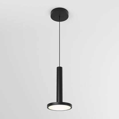 The Romeo 1-Light LED Pendant, a modern black fixture with a cylindrical body and round flat LED at the base, hangs from the ceiling against a plain white background.