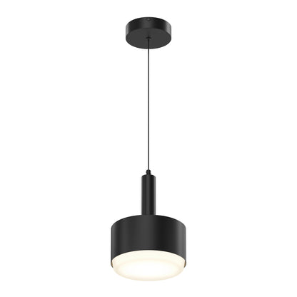 The Fritz Mini LED Pendant is a modern black light with a cylindrical shade, suspended by a slim black cord, offering dimmable LED technology and diffused white light at the base.