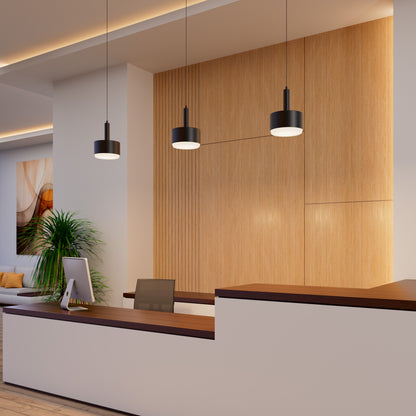 A modern reception area featuring a white desk, computer, brown chair, green potted plant, wooden accent wall, abstract art, and Fritz Mini LED Pendants hanging overhead.