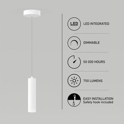 The Damian LED Cylinder Pendant features a minimalist white cylindrical shade, suspended from the ceiling. It offers integrated LED lighting, is dimmable, delivers 750 lumens, lasts 50,000 hours, and ensures easy installation.