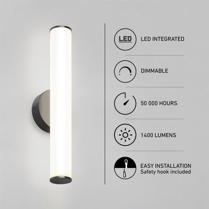 The Kalio Indoor LED Wall Sconce 18" (0-10V, 120-277V) features modern tubular design, integrated LED, dimmable control, 50,000-hour lifespan, 1400 lumens brightness, and easy installation with a safety hook.