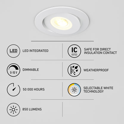 The Skyview 4in Gimbal Round, 5CCT LED is shown above icons and labels highlighting its features: recessed LED light, JA8‑2022 compliant, dimmable, 50,000 hours lifespan, 850 lumens, IC rated, weatherproof, and adjustable color temperature.