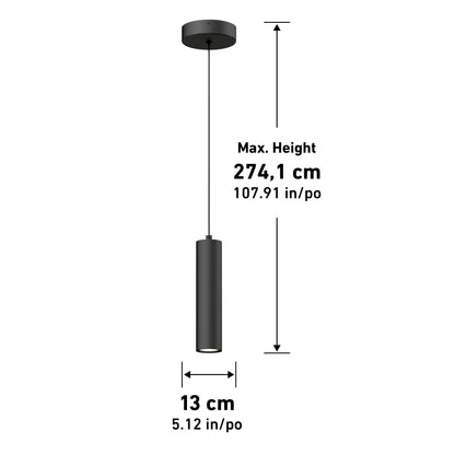 The Damian LED Cylinder Pendant is a black cylindrical light with a round ceiling mount, max height 274.1 cm (107.91 in), diameter 13 cm (5.12 in). Arrows indicate dimensions.