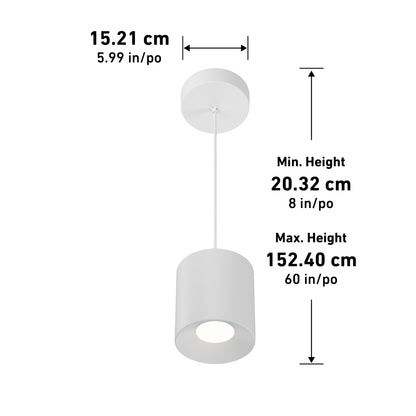 Beam Pro 8 Integrated LED 2-IN-1 Pendant features a white cylindrical design with a round ceiling mount, 15.21 cm (5.99 in) wide, and adjustable height from 20.32 cm (8 in) to 152.40 cm (60 in).