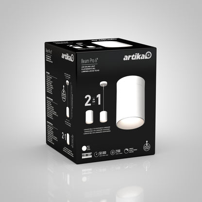 A black box featuring white text and images showcases the Beam Pro 6 Integrated LED 2-IN-1 Ceiling Mount Pendant.