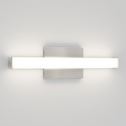 The Mylo LED Vanity Light 16IN features a rectangular brushed metal base and a long, horizontal frosted light bar, glowing brightly when wall-mounted against any plain white wall.