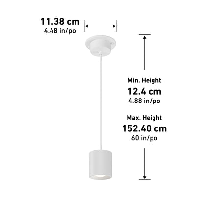 The Beam Pro 4 Integrated LED 2-IN-1 Ceiling Mount Pendant is a white fixture with a ceiling mount diameter of 11.38 cm (4.48 in) and an adjustable hanging height from 12.4 cm (4.88 in) to 152.4 cm (60 in).