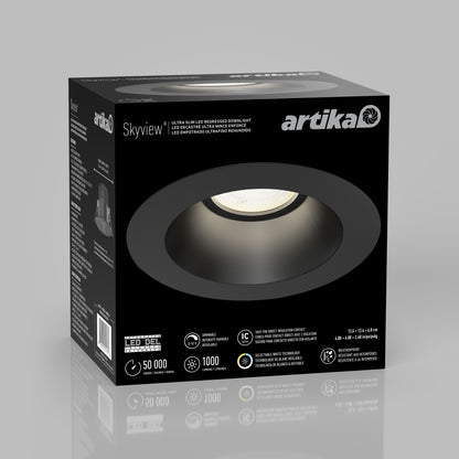Black and gray packaging for the Skyview 4in Regressed Round, 5CCT LED pot light, featuring an image of the adjustable color-balance recessed fixture on the front, with product specs and branding on the sides against a plain gray background.