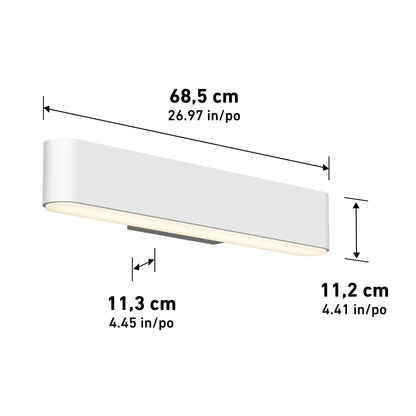 The Willow LED Vanity 3CCT Light is a modern rectangular white wall sconce, measuring 68.5 x 11.3 x 11.2 cm (26.97 x 4.45 x 4.41 in), perfect as a bathroom mirror light with adjustable color balance for ideal illumination.