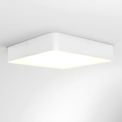 The LYDEL LED Ceiling Light is a modern, square-shaped fixture with rounded edges, finished in white and mounted on the ceiling, emitting a bright and even glow.