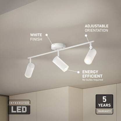 The 32" Blake 3L tracklight is a white, ceiling-mounted LED track with three adjustable spots, integrated LEDs (no bulbs required), energy efficiency, a sleek finish, and a 5-year warranty—ideal for accent or task lighting.