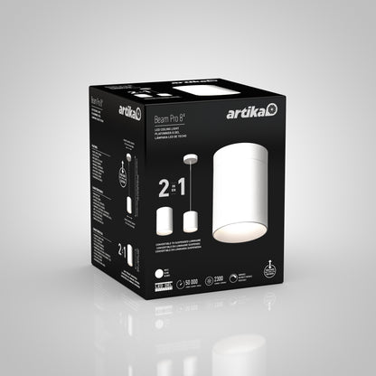 Black and white box packaging for the Artika Beam Pro 8 Integrated LED 2-in-1 Ceiling Mount Pendant, featuring product images, specs, and features on a gradient background.