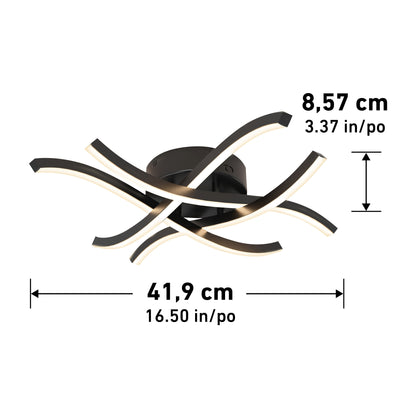 The Dillon LED Flush Mount Noir features four curved LED bars and a black base, measuring 8.57 cm (3.37 in) high and 41.9 cm (16.50 in) wide for a sleek modern ceiling look.