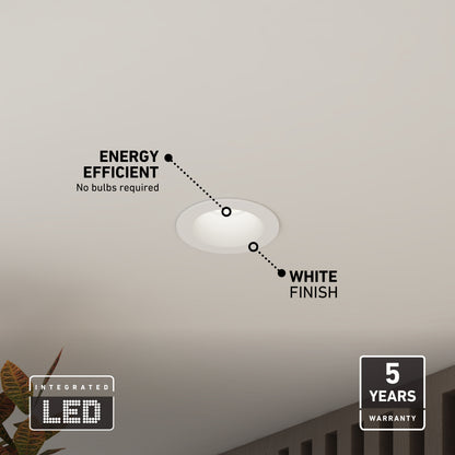 The Skyview 4in Regressed Round, 5CCT LED recessed ceiling light is shown with a white finish and recessed diffuser. It features integrated LED, adjustable colour temperature, energy efficiency (no bulbs needed), plus a 5-year warranty.