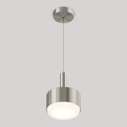 The Fritz Mini LED Pendant features a brushed metal finish, slender cord suspension, cylindrical body, and frosted white diffuser for tunable color temperature.