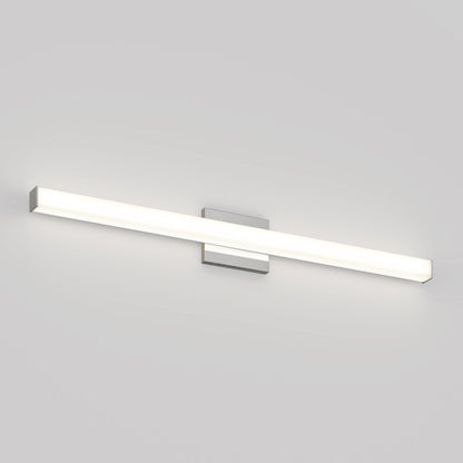 The Mylo LED Vanity Light 36IN is a modern, rectangular wall-mounted fixture with a slim horizontal design that emits bright white light against a plain light gray wall.