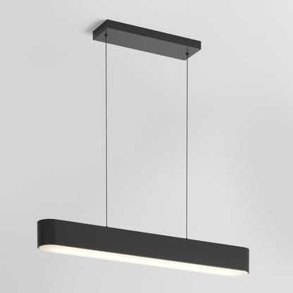 The Willow LED Pendant, a sleek black rectangular fixture suspended by two slim cords, casts a gentle white light from its underside against a simple, light-colored background.
