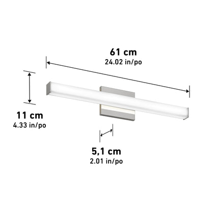 The Mylo LED Vanity Light 24IN is a rectangular wall-mounted fixture measuring 61 cm (24.02 in) wide, 11 cm (4.33 in) tall, and 5.1 cm (2.01 in) deep, as illustrated in a simple diagram.