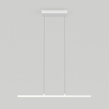 The Delta LED Linear Pendant 36IN features a slim, horizontal white bar suspended by two thin cables from a rectangular ceiling mount, offering a minimalistic and modern look against a plain light gray background.