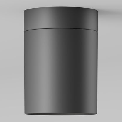 The Beam Pro 8 Integrated LED 2-IN-1 Ceiling Mount Pendant features a sleek, cylindrical matte black design with smooth edges and a minimalist look, seamlessly mounted on a light gray ceiling.