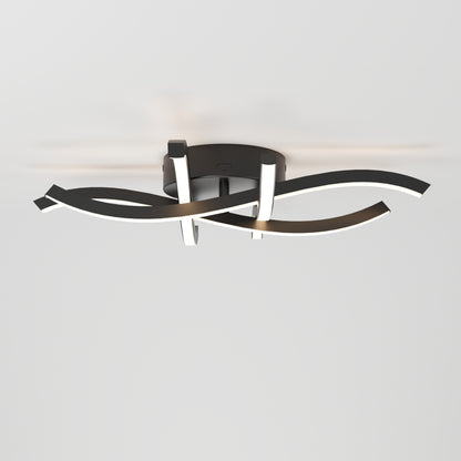 The Dillon LED Flush Mount Noir features two intertwined curved black bars with integrated white LED strips, all mounted on a round black base and designed for contemporary ceilings.