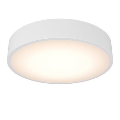 The Concerto LED Flush Mount is a round, white ceiling light with a smooth, minimalist design and softly glowing diffuser that emits warm, even light.