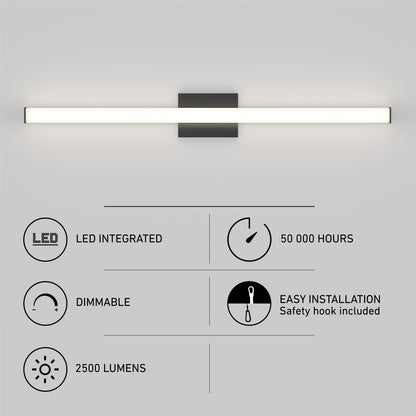 The Mylo LED Vanity Light 36IN features integrated LED, 50,000-hour lifespan, dimmable brightness up to 2,500 lumens, and easy installation with a safety hook.