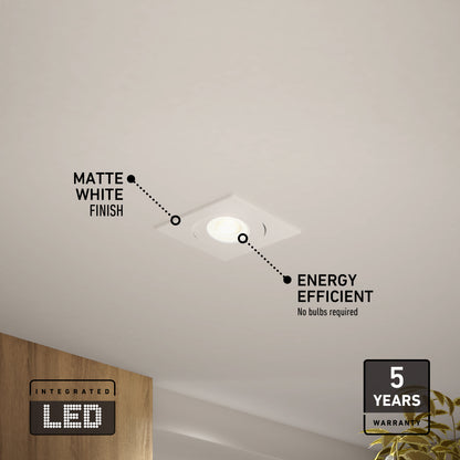 The Skyview 4in Gimbal Square, 5CCT LED features a matte white finish, is energy efficient with no bulbs required, and includes a 5-year warranty. Perfect for stylish indoor or outdoor lighting on a white ceiling.