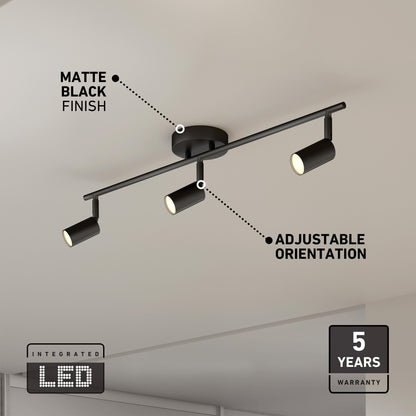 The 32" Rowen 3L tracklight features three adjustable spotlights, a matte black finish, integrated LED lighting, and comes with a 5-year warranty for style and lasting performance.