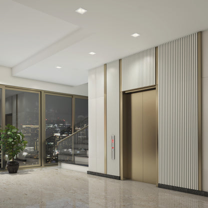 A modern lobby lit by Skyview 4in Regressed Square, 5CCT LED pot lights features a golden elevator door, vertical wall panels, shiny marble floor, potted plant, and large windows revealing illuminated buildings at night.