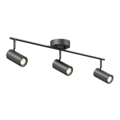 The Alpha LED Track 3-Light features a modern black design with three adjustable cylindrical spotlights on a straight horizontal bar, mounted on a circular base.