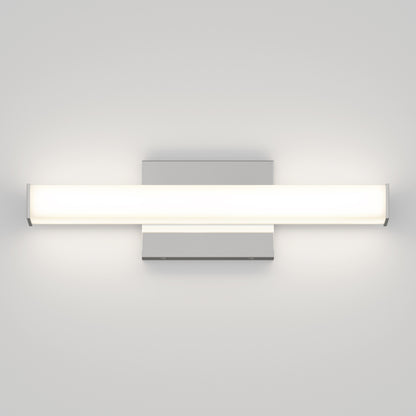 The Mylo LED Vanity Light 16IN features a rectangular base and a long, horizontal frosted glass shade, providing a soft, even glow when mounted on a light-colored wall.